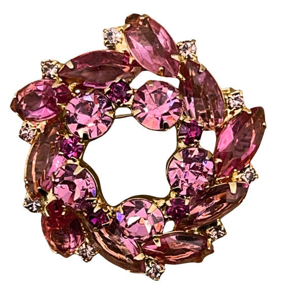 Juliana Brooch Delizza Elster Pink Crystal Rhinestones Wreath Gold Pin - Picture 1 of 4